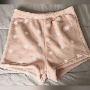Pink fuzzy pajama shorts with white hearts - medium (runs a little small)